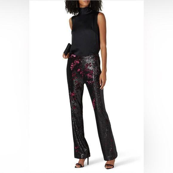 Badgley Mischka Plum Pink black Sequin party Pants Size 2 straight 80's disco - Picture 2 of 6
